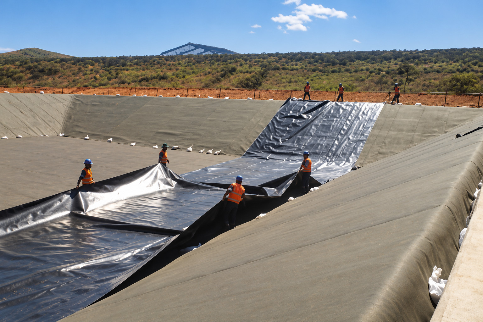 Personal extendiendo geomembranas en un reservorio. Imagen regenerada de referencia.